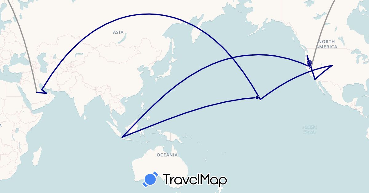 TravelMap itinerary: driving, plane in United Arab Emirates, Indonesia, Saudi Arabia, United States (Asia, North America)